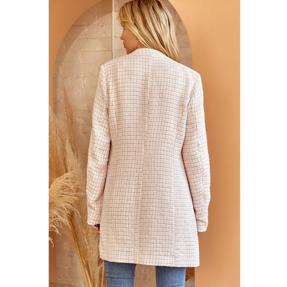 Light Pink / Blush Plaid Tweed Jacket For Women Open Front Collarless - Picture 4 of 6